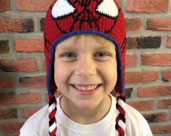Handmade Crochet Superhero Earflap Beanie | Red Spider Web Winter Hat for Kids | Toddler Braided Tassel Hat