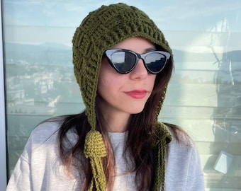 Handmade Crochet Bonnet Green Pixie Hat Basketweave Knit Hood Cottagecore Winter Earflap Beanie Goblincore Accessory
