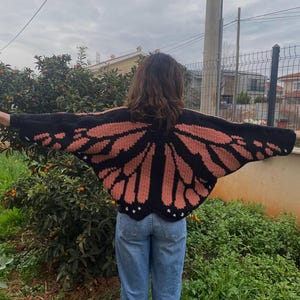 Handmade Knit Blue & Black Gradient Butterfly Cardigan - (Special Project) Black & Peach