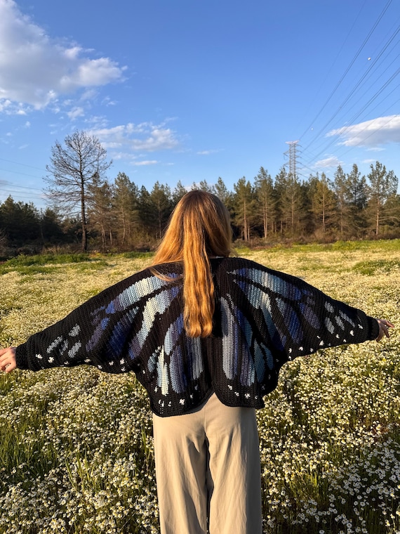 Handmade Knit Blue & Black Gradient Butterfly Cardigan - (Special Project)