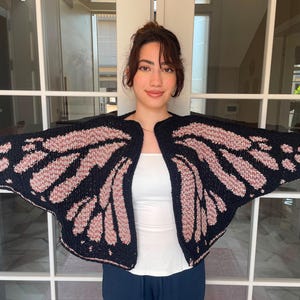 Handmade Crochet Butterfly Cardigan Peach Monarch Wing Shrug Crop Bolero Fairycore Festival Jacket Boho Summer Cover Up Black - Glittering