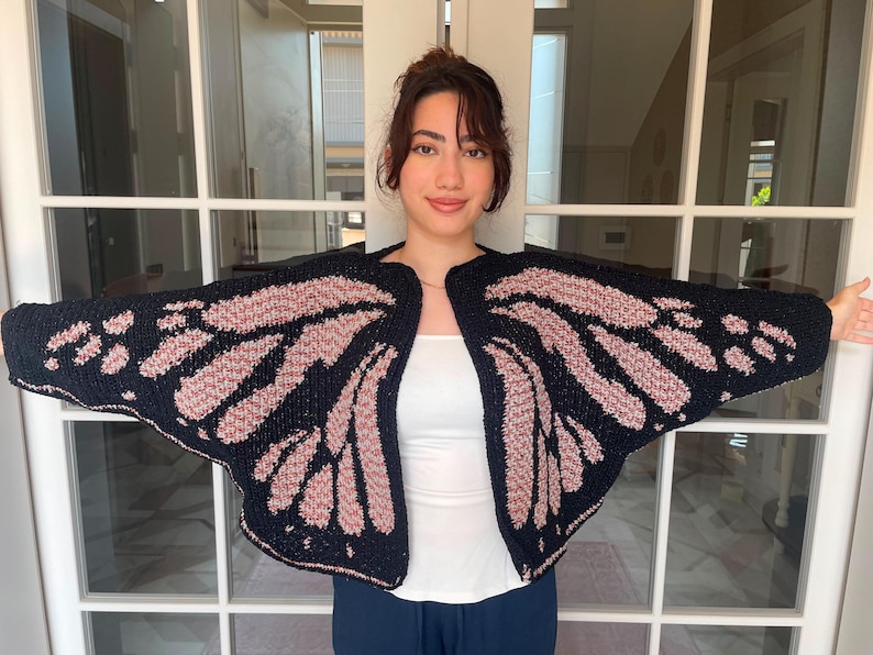 Handmade Crochet Butterfly Cardigan Peach Monarch Wing Shrug Crop Bolero Fairycore Festival Jacket Boho Summer Cover Up Black - Glittering