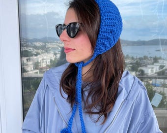 Handmade Crochet Bonnet Cobalt Blue Pixie Hat Basketweave Knit Hood Winter Earflap Beanie Balaclava Style