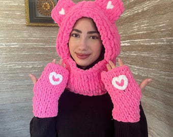 Handmade Pink Bear Balaclava & Arm Warmers Set Fluffy Crochet Hood Heart Gloves Y2K Coquette Winter Hat Valentine's Day Gift