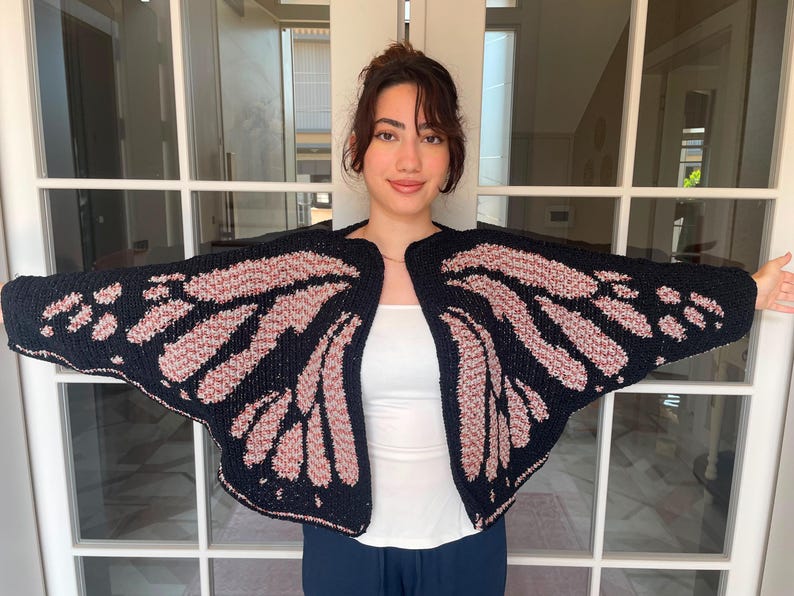 Handmade Knit Blue & Black Gradient Butterfly Cardigan - (Special Project) Black - Glittering