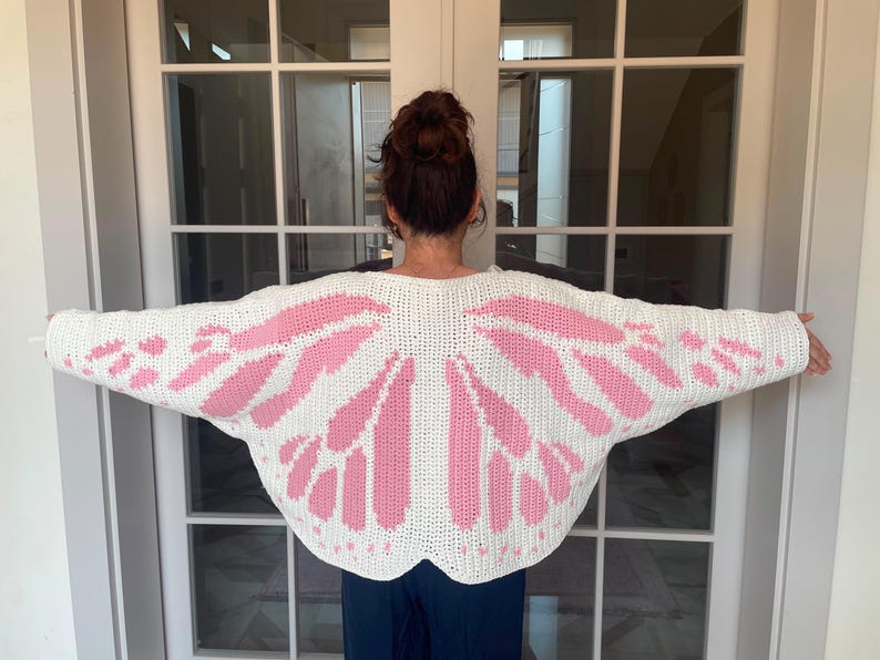 Handmade Crochet Butterfly Cardigan Peach Monarch Wing Shrug Crop Bolero Fairycore Festival Jacket Boho Summer Cover Up White - Pink