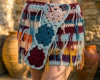 Boho Crochet Wrap Skirt, Hippie Festival Fringe Mini, 70s Retro Granny Square
