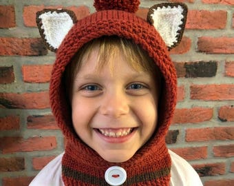 Handgefertigte Fuchs Balaclava für Kinder, gestrickte Tier Haube mit Ohren, Winter Wolf Mütze, Kleinkind Kostüm Mütze, warmer Fleece-gefütterter Kapuzen Schal