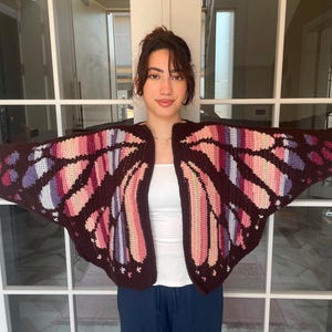 Handmade Knit Blue & Black Gradient Butterfly Cardigan - (Special Project) Brown -Pink Gradient