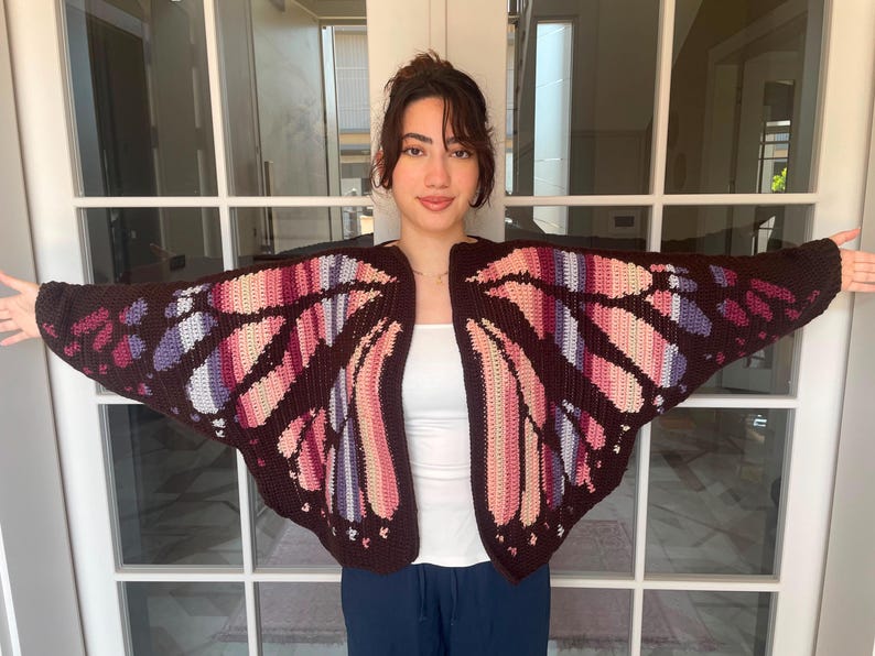 Handmade Knit Blue & Black Gradient Butterfly Cardigan - (Special Project) Brown -Pink Gradient