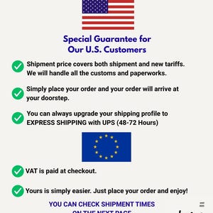 May include: A white background with text and graphics. The text reads "Special Guarantee for Our U.S. Customers." The image includes the U.S. flag, a European Union flag, and the text "YOU CAN CHECK SHIPMENT TIMES ON THE NEXT PAGE."