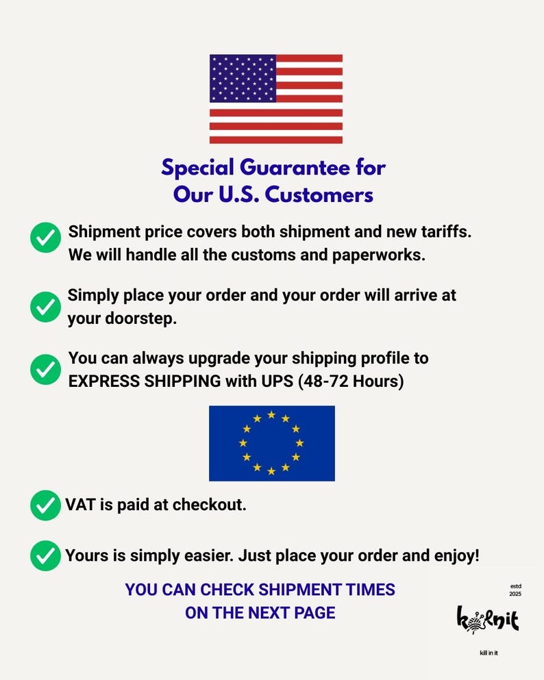 May include: A white background with text and graphics. The text reads "Special Guarantee for Our U.S. Customers." The image includes the U.S. flag, a European Union flag, and the text "YOU CAN CHECK SHIPMENT TIMES ON THE NEXT PAGE."