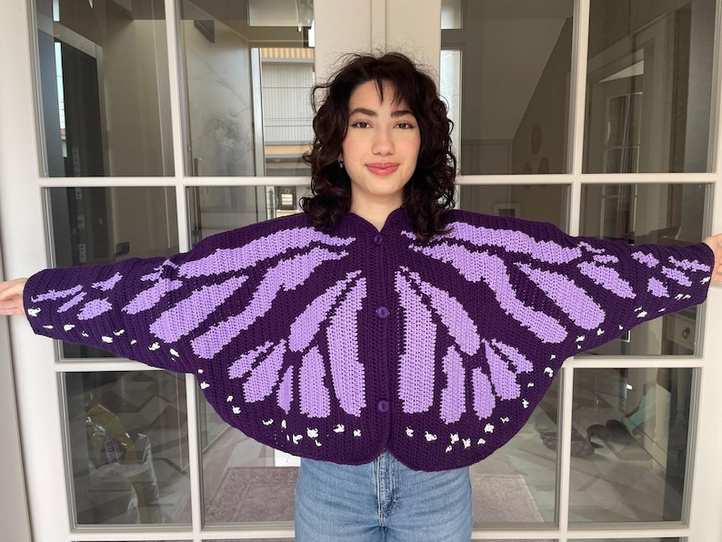 Handmade Knit Blue & Black Gradient Butterfly Cardigan - (Special Project) Dark Purple & Purple