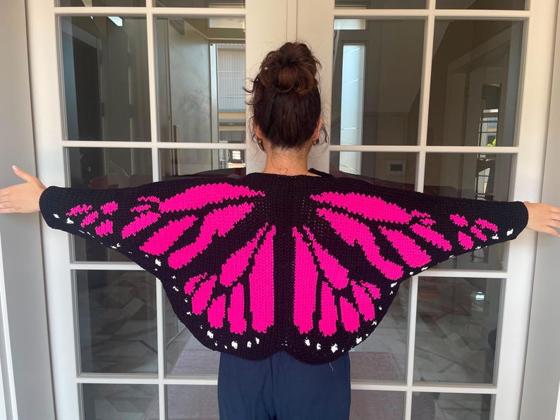 Handmade Knit Blue & Black Gradient Butterfly Cardigan - (Special Project) Black & Pink