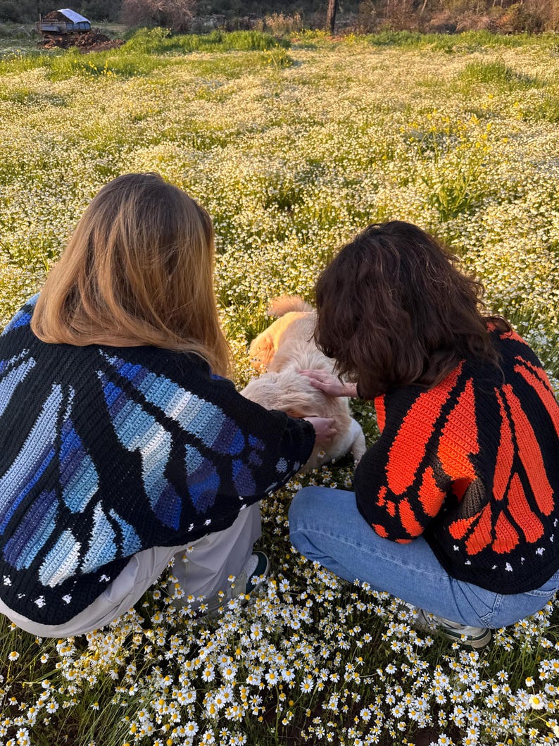 May include: Two people wearing black crochet butterfly wing sweaters, one with blue wings and the other with orange wings, are kneeling in a field of white flowers. The sweaters have detailed wing patterns. The scene is outdoors, with a dog in the center.