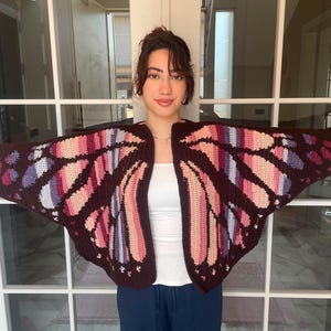 Handmade Crochet Butterfly Cardigan Peach Monarch Wing Shrug Crop Bolero Fairycore Festival Jacket Boho Summer Cover Up Brown -Pink Gradient