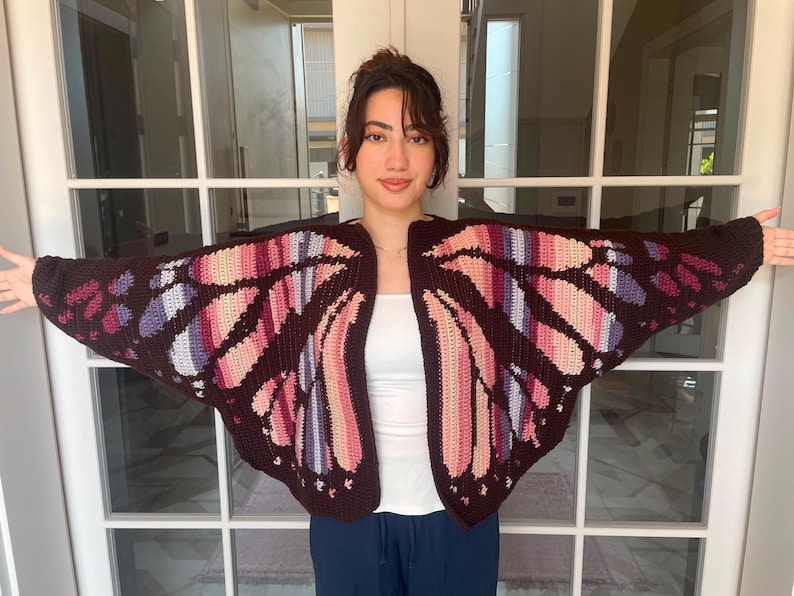 Handmade Crochet Butterfly Cardigan Peach Monarch Wing Shrug Crop Bolero Fairycore Festival Jacket Boho Summer Cover Up Brown -Pink Gradient