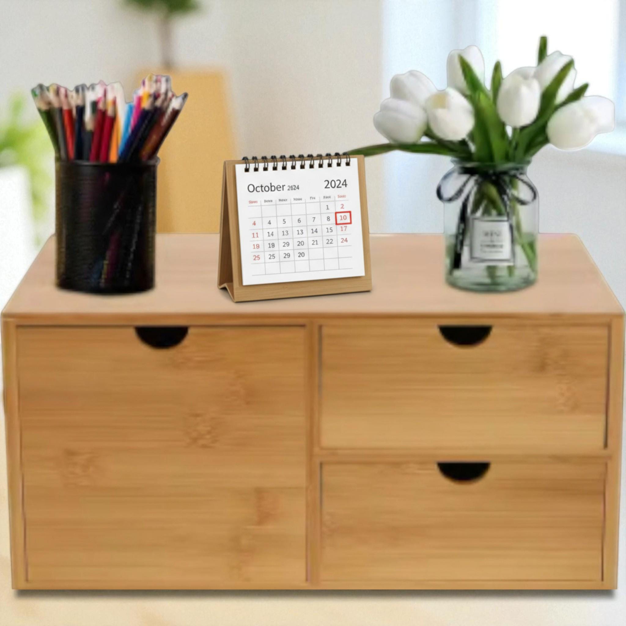 Bamboo Desk Organizer – Desktop Storage Box With 3 Drawers for Home ...