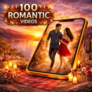 Può includere: Uno smartphone dorato mostra una coppia che cammina su un sentiero, sullo sfondo di un tramonto su un lago e montagne. Le parole "100 ROMANTIC VIDEOS" sono visualizzate sopra il telefono.