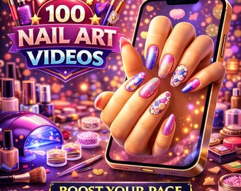 May include: A digital illustration showcasing a smartphone displaying a hand with vibrant nail art. The nails feature glitter, floral designs, and gradient colors. The image includes text that reads "100 Nail Art Videos" and "Boost Your Page."