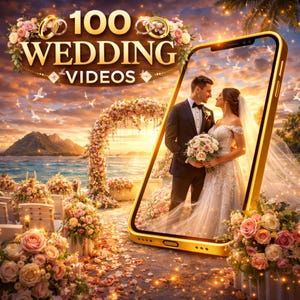 May include: A golden smartphone displays a wedding scene with a couple, framed by a floral arch. The background features a beach, mountains, and a sunset. The words "100 WEDDING VIDEOS" are displayed above the phone.
