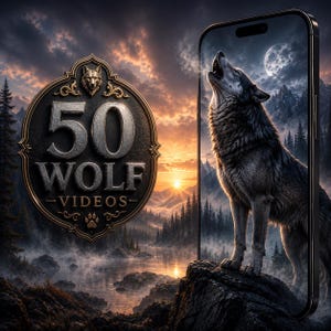 May include: A smartphone displaying a wolf howling at a full moon in a mountain landscape. To the left, a circular emblem features a wolf head icon, the text 50 WOLF VIDEOS, and a paw print, all set against a sunset sky over a misty lake.