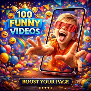 Può includere: Vivace illustrazione digitale che promuove video divertenti. Un bambino con occhiali rossi esce dallo schermo di uno smartphone, circondato da emoji, palloncini e coriandoli. Il testo recita "100 Funny Videos" e "Boost Your Page."