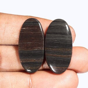 Puede incluir: Dos piedras preciosas ovaladas pulidas con un patrón de rayas. Las piedras presentan bandas de color marrón oscuro, negro y marrón claro. Las piedras preciosas se sostienen en una mano sobre un fondo blanco.