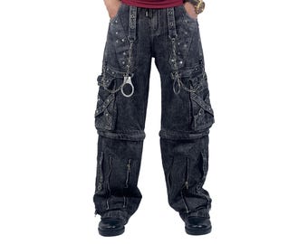 Pantalones vaqueros góticos hechos a mano para hombre / Pantalones anchos convertibles con cadenas y tachuelas