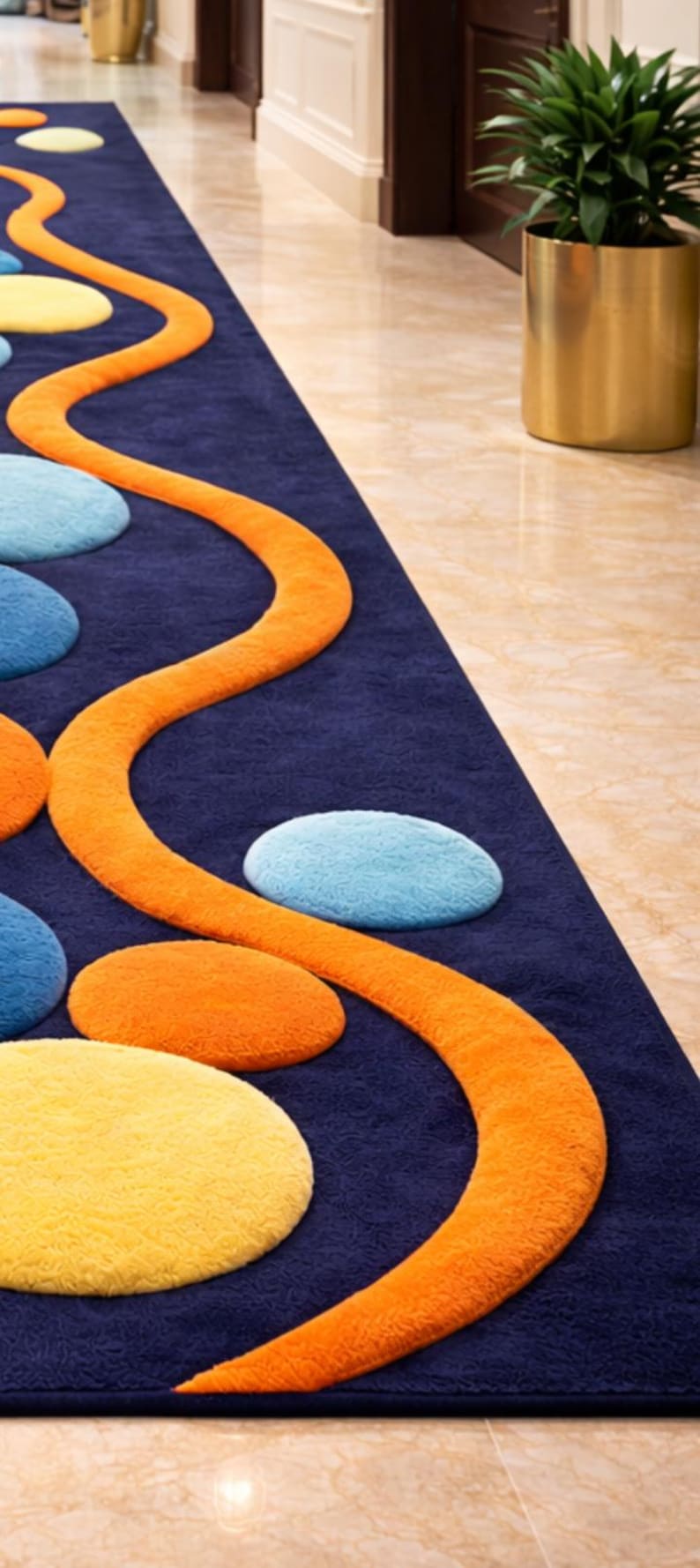 Hand Tufted Rug | 3D Abstract Geometric Runner | Navy Blue Orange Wool ...