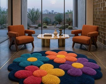 Hand-Tufted Wool Flower Rug, Retro Multicolor Floral Accent Carpet