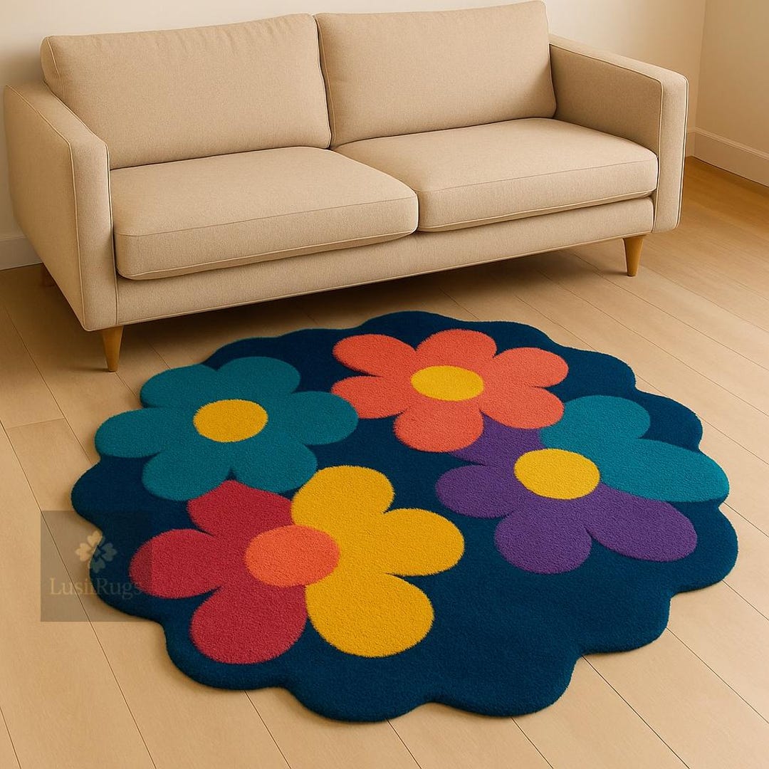 Round Flower Rug, Colorful Floral Circle Carpet, Modern Cute Flower ...