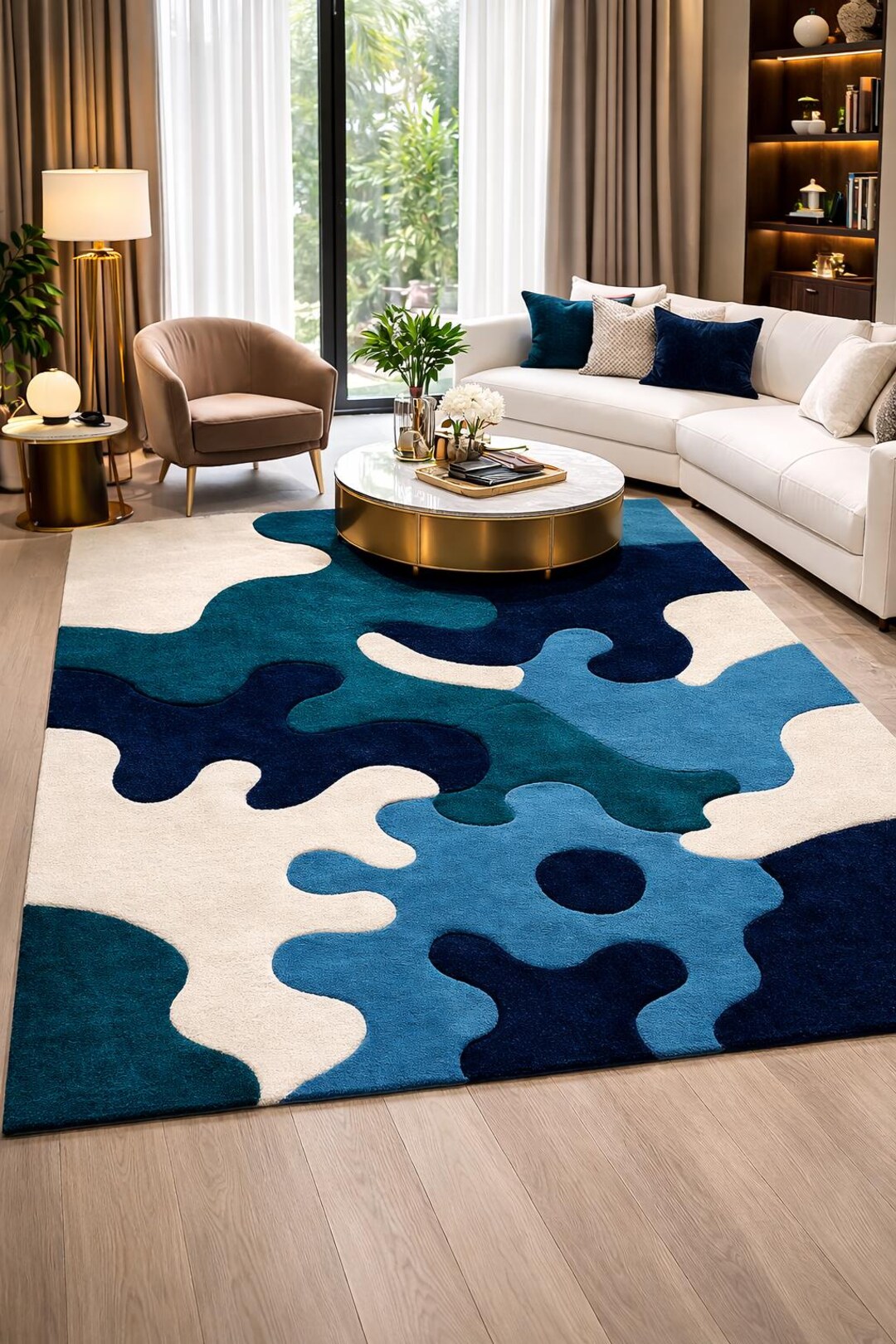 Abstract Blue Teal Ivory Area Rug | Hand Tufted Wool Rug | Modern ...