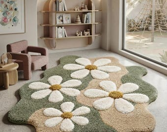 Hand-Tufted Wool Irregular Floral Rug, Daisy Flower Carpet, Modern Wavy Shape Home Décor