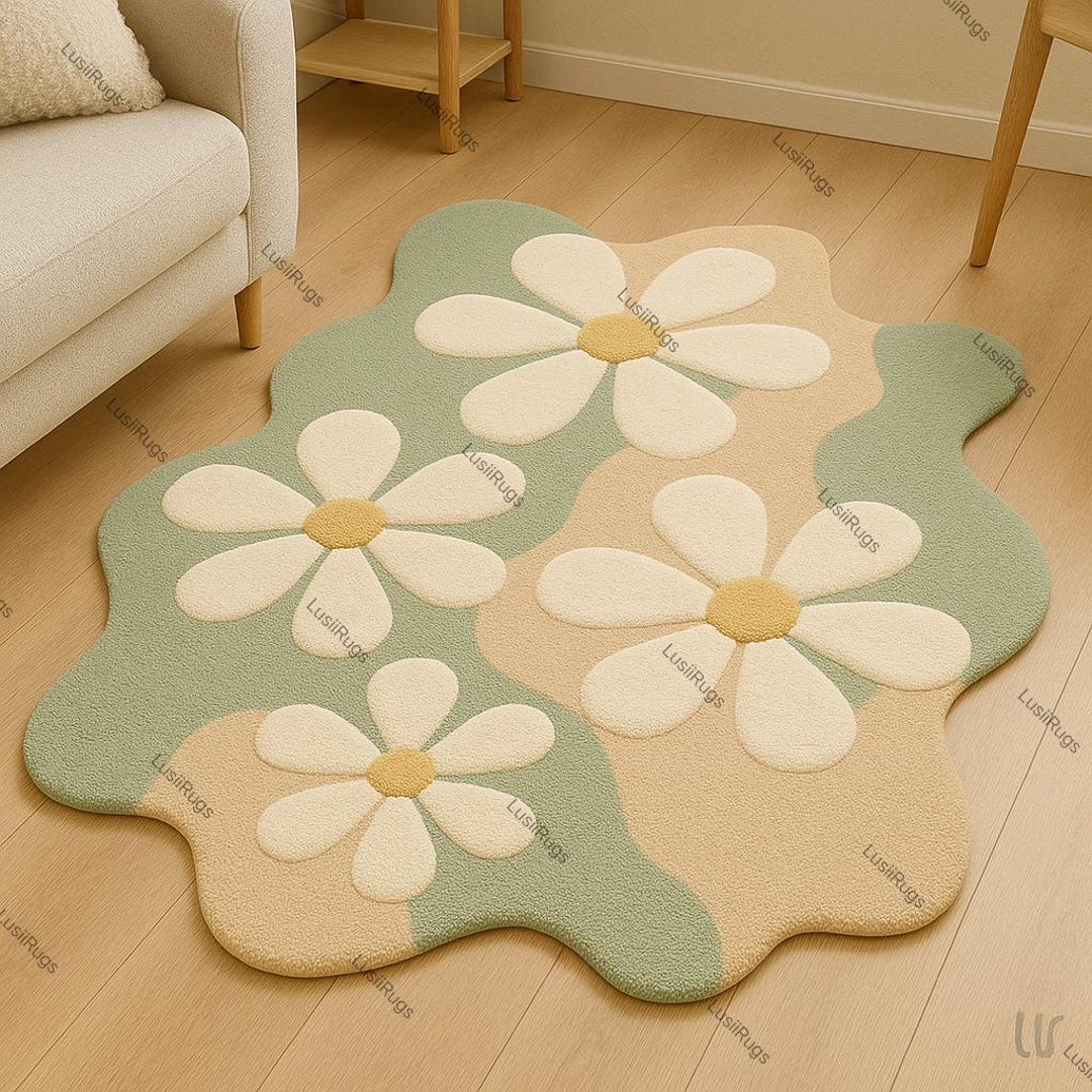 Floral Irregular Area Rug, Daisy Flower Carpet, Modern Cute Flower Rug ...
