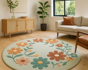 Hand-Tufted Wool Round Floral Rug, Modern Circle Daisy Carpet