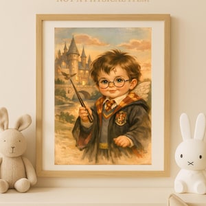 May include: A framed print of a young boy in a wizard's uniform, holding a wand. The image features a castle in the background and the text "Digital download, NOT A PHYSICAL ITEM". The print is displayed on a white shelf with a stuffed bunny and a white rabbit lamp.