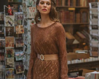 Handmade Mohair Lace Knit Maxi Dress, Brown Romantic Long Sweater