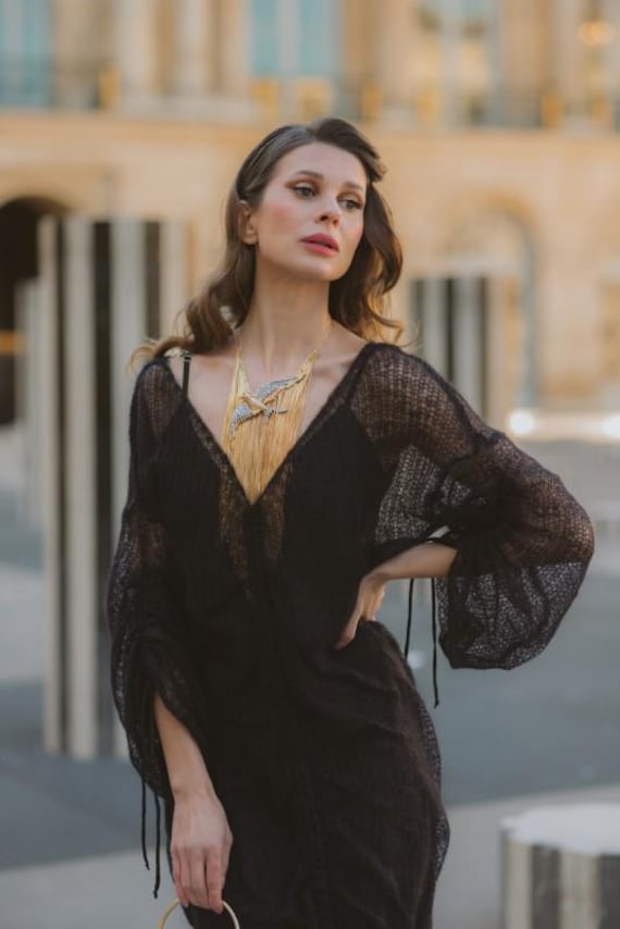 designer black midi dress Handmade Wool Blend Dress | Black Midi Dress for Women