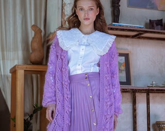 Cardigan lilas fait main en mohair | Pulls oversize en laine