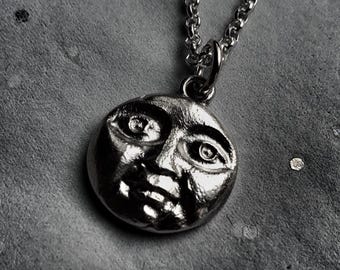 Moon Face Pendant Necklace, Solid Silver Celestial Jewelry