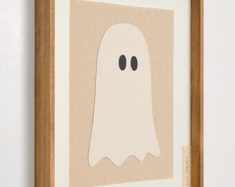 Handmade Framed Halloween Ghost Textile Art – Colorful Geometric Fiber Wall Art, Modern Scandinavian Decor
