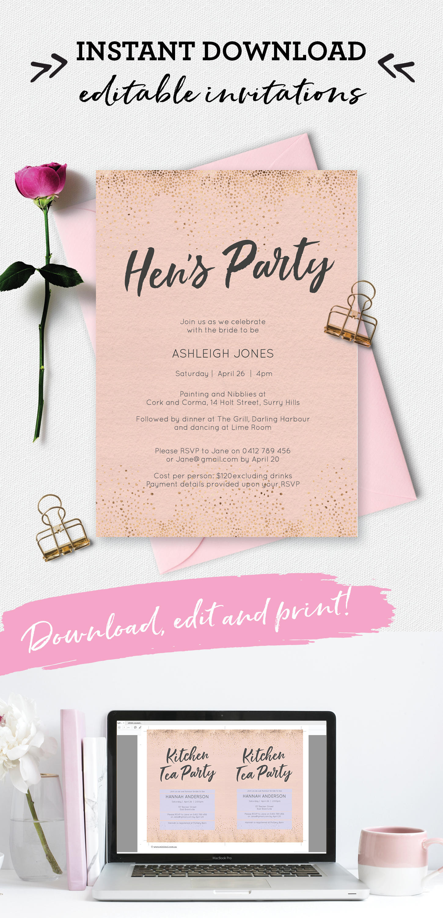 Hens Party invitation Blush gold spot Hens Party invite Etsy