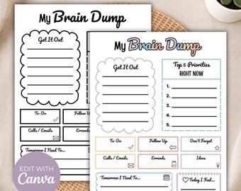 Editable Brain Dump Printable, ADHD Brain Dump Template, Daily Priority Planner, To Do List, Thought Organizer, Canva Digital Download
