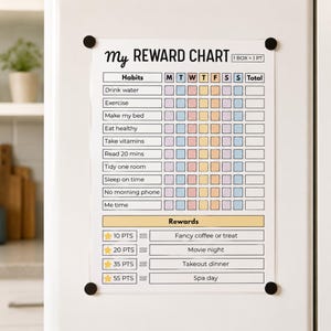May include: A white reward chart with black text titled My Reward Chart. It features a grid for tracking habits like drink water and exercise across seven days, with columns for points and a section at the bottom for rewards like movie night.