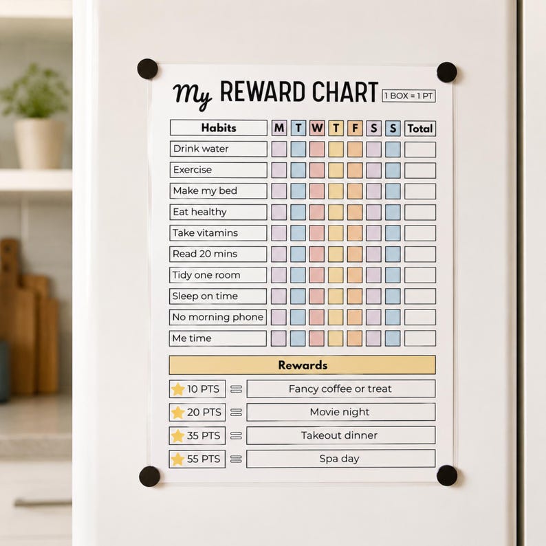 May include: A white reward chart with black text titled My Reward Chart. It features a grid for tracking habits like drink water and exercise across seven days, with columns for points and a section at the bottom for rewards like movie night.