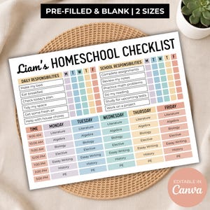 May include: A white paper homeschool checklist titled Liam's Homeschool Checklist with sections for daily responsibilities, school responsibilities, and a weekly schedule. The grid features pastel colored columns for Monday through Friday tasks.