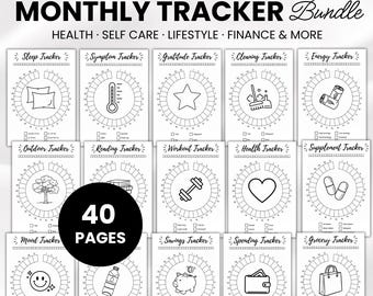 Monthly Tracker Bundle Printable, 40 Habit Trackers, Sleep Mood Water Period Tracker, Self Care Wellness Log, A4 A5 Print PDF