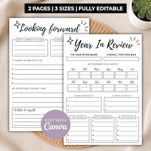 May include: Two white printable planner pages with black text and lines. The left page is titled Looking forward and the right page is titled Year In Review. Both pages feature sections for personal reflection, goals, and lists, with star icons.