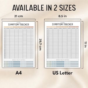 Puede incluir: Dos tablas de seguimiento de s&iacute;ntomas mensuales con texto negro sobre papel blanco. La tabla izquierda mide 21 cm por 29,7 cm, etiquetada como A4. La tabla derecha mide 8,5 pulgadas por 11 pulgadas, etiquetada como US Letter. Incluye fatiga y dolor.